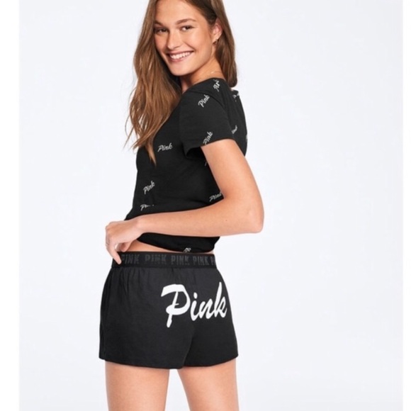 Victoria’s Secret PINK Sleep Boxy Short Black PINK Print NEW - Picture 1 of 6